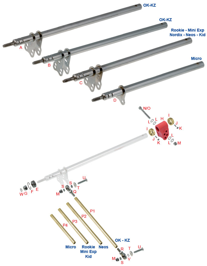 New! B. 0005.FB8 Tony Kart OTK Steering Shaft 100cc, 125cc, 510mm Long, 40mm Longer than Stock, Different Ackerman than Stock "Slotted Shaft"