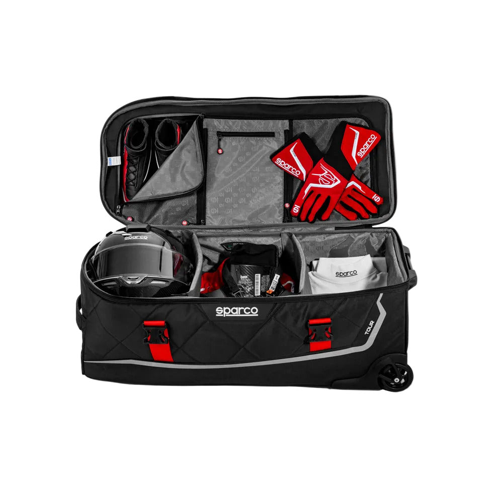 New! Sparco Tour Large Safety Equipment Roller Bag, Black / Red