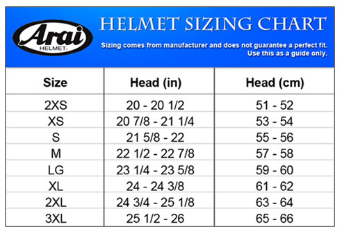 Arai Helmet Size Chart